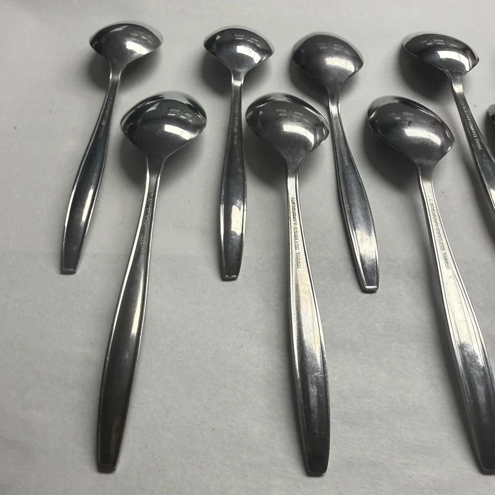 9 Vintage Customcraft CUS1 Soup Table Spoons Roses Stainless Steel Flatware
